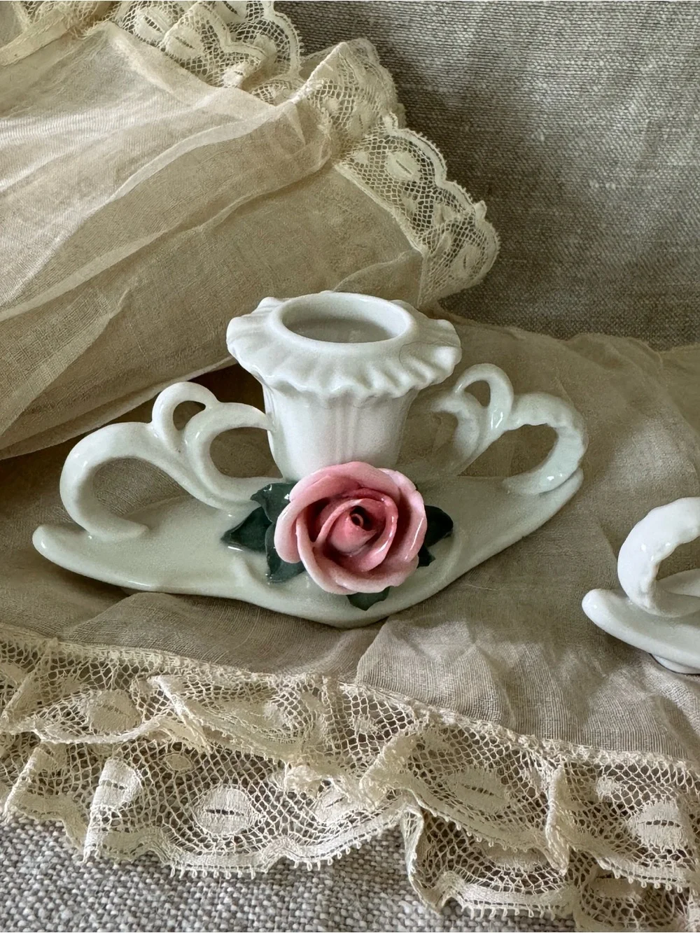 Karl Ens Germany vintage pink roses porcelain candleholders
